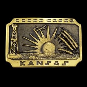 Vintage 1979 Kansas Solid Brass Belt Buckle Heritage Mint Ltd Oil Wheat‎ 10-1858